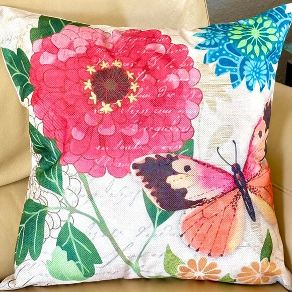 Set/2 Bohemian Garden Boho Butterflies Flowers Linen Blend Throw Pillow Covers - Picture 4 of 9